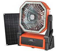 Ventilatore Solare,Ventilatore da Campeggio con Pannello Solare da 10W,10000mAh Ventilatore Portatile USB Ricaricabile Ventilatore a Batteria con Display LED,Timer,Luce (Arancione)