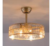 Ventilatori da Soffitto, Lucir Ventilatori, Ventilatore da Soffitto in Bambù da 18 Pollici a 4 Luci con Luce, Stile Rustico, Gabbia, Senza Pale, Montaggio a Filo, Retrò, con Luci, Ventilatore da Soff