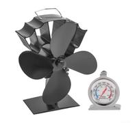 Ventola per stufa alimentata a calore per caminetto a legna, ventola in alluminio anodizzato a 4 pale migliora la circolazione dell'aria riduce il consumo di carburante, avvio automatico a 80 °C, nero