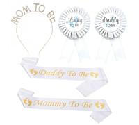 VEOIRXU 5 Pezzi Decorazione per Baby Shower 2 Fasce con Scritta "Mummy to Be" e "Daddy To Be" + 2 Distintivo +1 Copricapo a Corona Futura Mamma Fascia per Baby Shower Decorazione per Feste di Genere