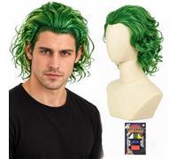 VEQENIFY Parrucca verde corta da uomo per costume da Joker, con parrucca Joker, trucco, tatuaggio nero, retina per capelli per Halloween, carnevale e feste