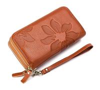 Vera Pelle di Mucca Donne Doppia Cerniera Portafoglio Lungo Grande Capacità Signore Borsa Del Telefono RFID Porta Carte di Credito Denaro Pochette, Terra di colore giallo, Taglia unica