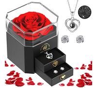 Vera rosa conservata, fatta a mano, con collana e orecchini, vera rosa con 2 cassetti, per moglie, fidanzata, festa di matrimonio, San Valentino, festa della mamma, compleanno