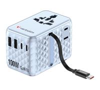Verbatim GaN - Adattatore da viaggio, 100 W, blu, con cavo integrato e 2 x USB-C, 2 x USB-A, 2 x connettori USA/JP, caricatore rapido universale per laptop, smartphone e altro ancora, utilizzabile in