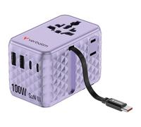 Verbatim GaN - Adattatore da viaggio 100 W, colore viola, con cavo integrato e 2 x USB-C, 2 x USB-A, 2 x connettori USA/JP, caricatore rapido universale per laptop, smartphone e altro ancora