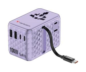 Verbatim GaN - Adattatore da viaggio 100 W, colore viola, con cavo integrato e 2 x USB-C, 2 x USB-A, 2 x connettori USA/JP, caricatore rapido universale per laptop, smartphone e altro ancora