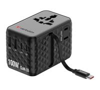 Verbatim GaN - Adattatore da viaggio, 100 W, nero, con cavo integrato e 2 x USB-C, 2 x USB-A, 2 x connettori USA/JP, caricatore rapido universale per laptop, smartphone, ecc., utilizzabile in tutto il