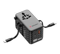 Verbatim GaN - Adattatore da viaggio 70 W, nero, con 2 cavi integrati e USB-C, USB-A, 2 connettori USA/JP, caricatore rapido per laptop, smartphone e altro ancora, utilizzabile in tutto il mondo
