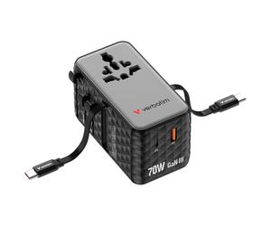Verbatim GaN - Adattatore da viaggio 70 W, nero, con 2 cavi integrati e USB-C, USB-A, 2 connettori USA/JP, caricatore rapido per laptop, smartphone e altro ancora, utilizzabile in tutto il mondo
