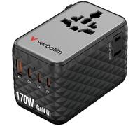 Verbatim GaN - Adattatore universale da viaggio, 170 W, nero, adattatore per presa e 3 USB C, 1 porta USB-A, 2 connettori USA/JP, caricatore rapido per laptop, smartphone e molto altro ancora