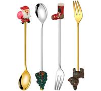 VERDANVERSE Set di Posate Natalizie in Acciaio Inossidabile 4 Pezzi Cucchiaio da Caffè e Forchetta per Frutta, Design Semplice, Pratico per Feste e Campeggio