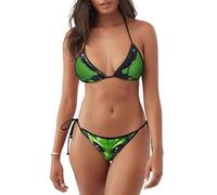 Verde Lungo Orecchio Alieno Stampa Leggero Bikini Costume Da Bagno Due Pezzi Costumi Da Bagno Beachwear Piscina Indossare, Nero , L