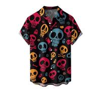 Verde Menta Camicia Uomo Maniche Corte Halloween Camicia con Stampa Teschio Croce e Rose Slim Fit Horror Maglietta con Risvolto Bottoni Camicia Gotico Divertente per Carnevale Cosplay Feste S M Lapidi