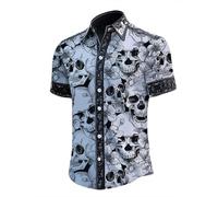 Verde Menta Camicia Uomo Maniche Corte Halloween Camicia con Stampa Teschio Croce e Rose Slim Fit Horror Maglietta con Risvolto Bottoni Camicia Gotico Divertente per Carnevale Cosplay Feste S M Lapidi