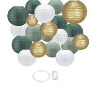 Verde saga, verde foresta, avorio e oro tubi di carta, 15-30 cm, lanterne rotonde, con nastro adesivo e corda, per motivi boschi, baby shower, matrimoni e celebrazioni (verde)