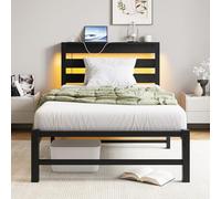 VERFARM Telaio per letto singolo da 90 x 190 cm, con stazione di ricarica e luci a LED, piattaforma in metallo resistente, struttura per letto singolo 90 x 190 cm, con testiera in legno, senza bisogno