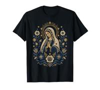 Vergine Maria Blu Floreale Cattolico Devozionale Folk Art Icona Maglietta