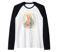 Vergine Maria Pregare Circondata da Fiori Fede Cattolica Maglia con Maniche Raglan