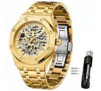 Verhux Orologi automatici da uomo con scheletro dorato di lusso, meccanici, classici, originali, in acciaio inox, impermeabili, colore nero e argento, Orologi oro 8848 per uomo, moderno