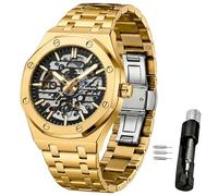Verhux Orologi automatici da uomo con scheletro dorato di lusso, meccanici, classici, originali, in acciaio inox, impermeabili, colore nero e argento, 8848 orologi in oro e nero per uomo