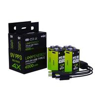 VERICO LoopEnergy - Confezione da 4 blocchi da 9 V, PP3, 4500 mWh, batterie ricaricabili USB-C agli ioni di litio, 2 cavi di ricarica USB tipo A a 2 tipi C