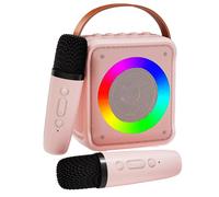 VERKB Mini macchina per karaoke per bambini e adulti, altoparlante Bluetooth portatile con 2 microfoni wireless, set di altoparlanti con luci LED da discoteca per feste in casa, regali di compleanno