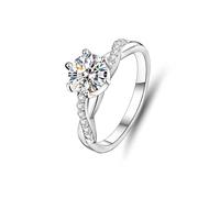 Verlobungsring Frau, Verlobungsring Gedrehter Ring mit 6 Krappen Runder Moissanit 1 Ct Silber 18K Weiße gold Größe 58 (18.5)