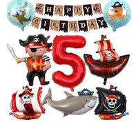VerLuky Set di decorazioni per compleanno dei pirati con palloncini in pellicola con numeri 5, palloncini con nave pirata, palloncino di squalo e striscione di buon compleanno, Halloween, feste di