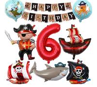 VerLuky Set di decorazioni per compleanno dei pirati con palloncini in pellicola con numeri 6, palloncini della nave dei pirati, palloncino dello squalo e striscione di buon compleanno, Halloween