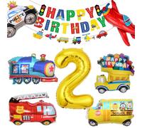 VerLuky Set di decorazioni per compleanno, in pellicola, con numeri 2, con camion dei vigili del fuoco, auto della polizia, palloncini e ghirlanda Happy Birthday per decorazioni per feste