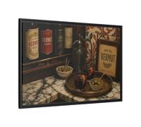 Vermut Hour Still Life Framed Canvas Print - Kitchen, Feature Wall, Warm Browns 36×24 inch (90×60 cm) - Horizontal/Black / 1.25 inch (3 cm)