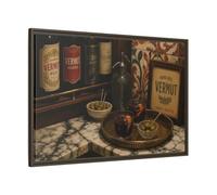 Vermut Hour Still Life Framed Canvas Print - Kitchen, Feature Wall, Warm Browns 36×24 inch (90×60 cm) - Horizontal/Espresso / 1.25 inch (3 cm)