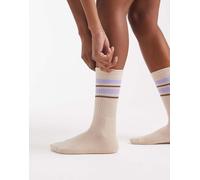 Vero Moda - Calzini sportivi a coste color avena con righe lavanda e marroni-Neutro One Size