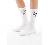 Vero Moda - Calzini sportivi bianchi a coste con faccina sorridente marrone-Bianco One Size