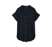 VERO MODA Camicia a Righe da Donna a Maniche Corte con Tasche sul Petto e abbottonatura, Nero, XS