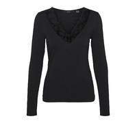 VERO MODA Camicia Donna Aderente Scollo a V Pizzo Dettaglio Basic Manica Lunga, Colore:Nero, Taglia:M