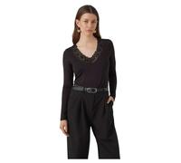 VERO MODA Camicia Donna Aderente Scollo a V Pizzo Dettaglio Basic Manica Lunga, Colore:Nero, Taglia:XL
