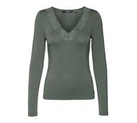 VERO MODA Camicia Donna Aderente Scollo a V Pizzo Dettaglio Basic Manica Lunga, Colore:Verde-2, Taglia:M