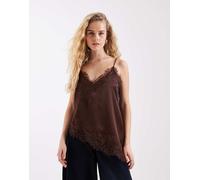 Vero Moda - Canottiera asimmetrica in raso marrone con finiture in pizzo XS