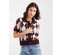 Vero Moda - Cardigan a maniche corte a rombi rosa e bordeaux con colletto a polo S