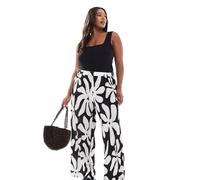 Vero Moda Curve - Pantaloni plissé a fondo ampio e vita alta con stampa tropicale-Nero M