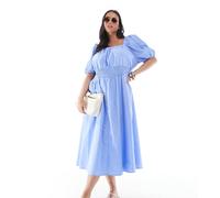 Vero Moda Curve - Vestito midi blu stile milkmaid con maniche a sbuffo 48