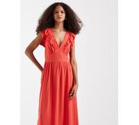 Vero Moda - Easy Joy - Vestito midi corallo con scollo profondo e volant sulle spalle-Rosa XS