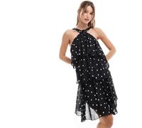 Vero Moda - Felicia - Vestito corto a balze allacciato al collo nero a pois con decorazione floreale XS