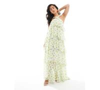 Vero Moda - Felicia - Vestito lungo a balze allacciato al collo con stampa di limoni e fiore applicato-Giallo L