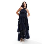 Vero Moda - Felicia - Vestito lungo allacciato al collo a balze blu navy con decorazione a forma di fiore L