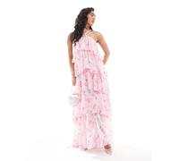 Vero Moda - Felicia - Vestito lungo allacciato al collo a balze rosa con stampa a fiori sfocata e decorazione floreale XXS