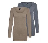 VERO MODA Maglia a Maniche Lunghe da Donna (Confezione da 2), Blau/Braun (1x Ombre Blue Melange/ 1x Walnut Melange), L