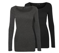 VERO MODA Maglia a Maniche Lunghe da Donna (Confezione da 2), Grigio/Nero (1 x Grigio Scuro/1 x Nero), XS