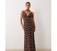 Vero Moda Petite - Vestito lungo con spalline sottili e scollo a sciarpa color cioccolato a pois-Marrone XS